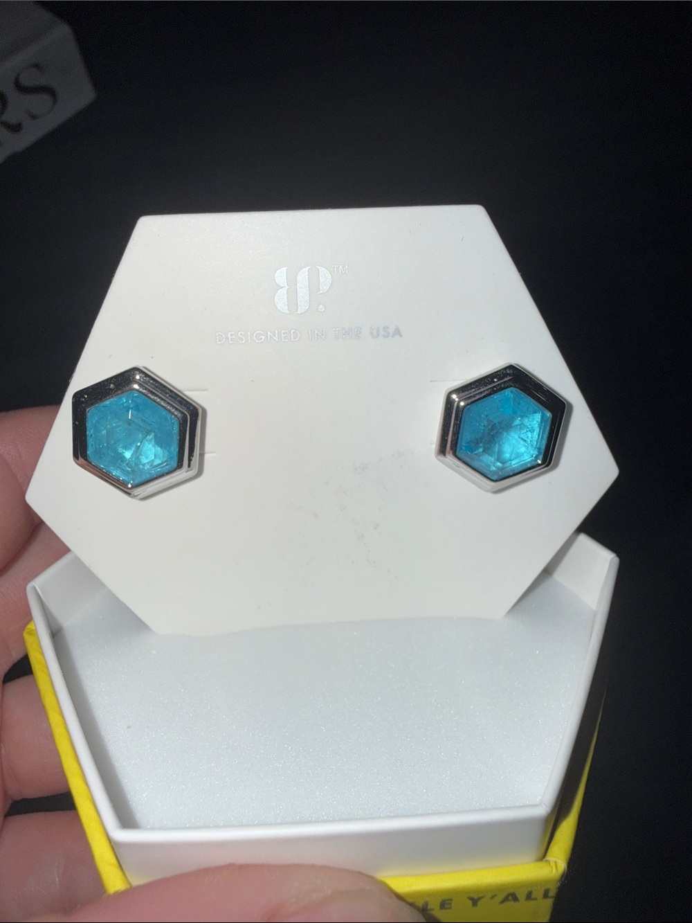 BP Hexagon Stud Earrings light blue quartz and rhodium plating